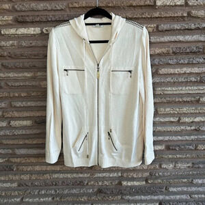 St. John Sport Cream Santana Knit Studded Hooded Full Zip Cardigan Sweater